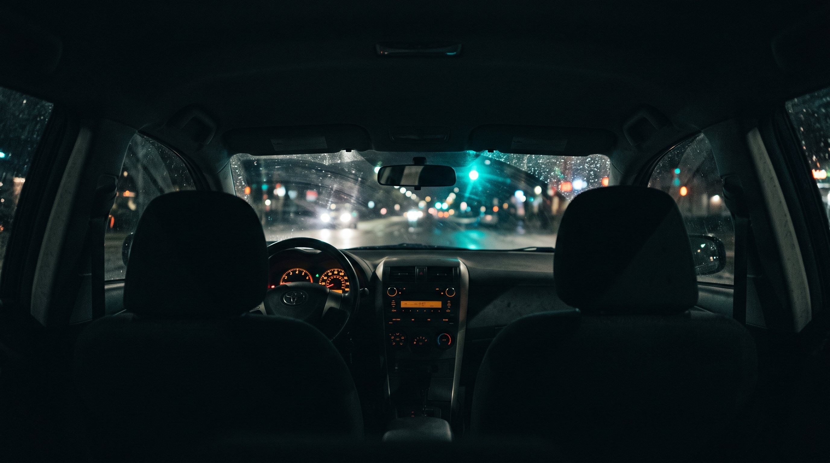 An empty driving school car at night, dashboard glowing, city lights through the windshield