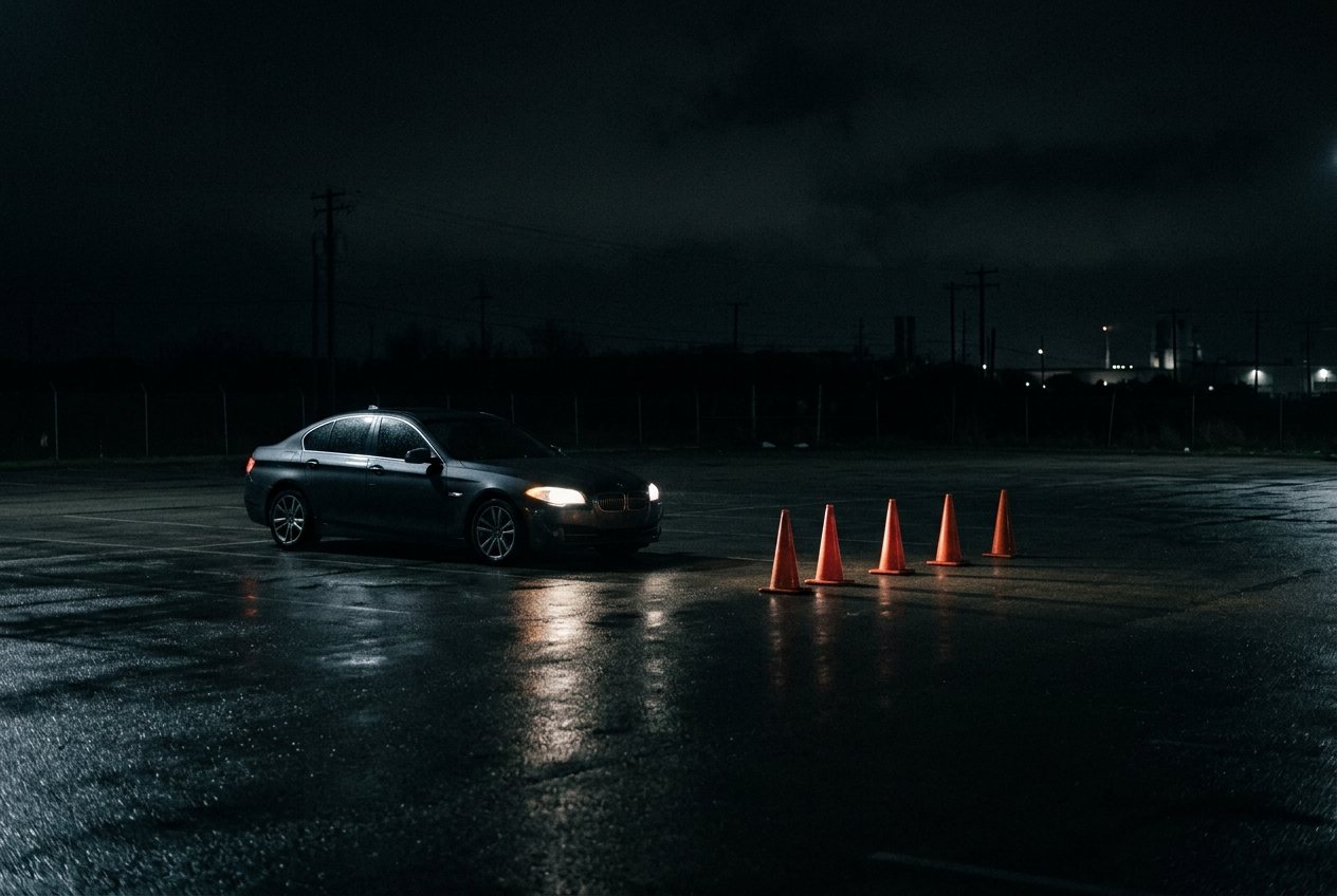 A training car and cones in an empty lot at night